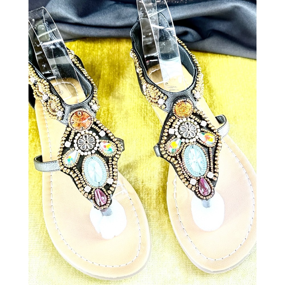 Mobi Size 40 Jeweled Embellished T-Strap Sandals Black NWOT